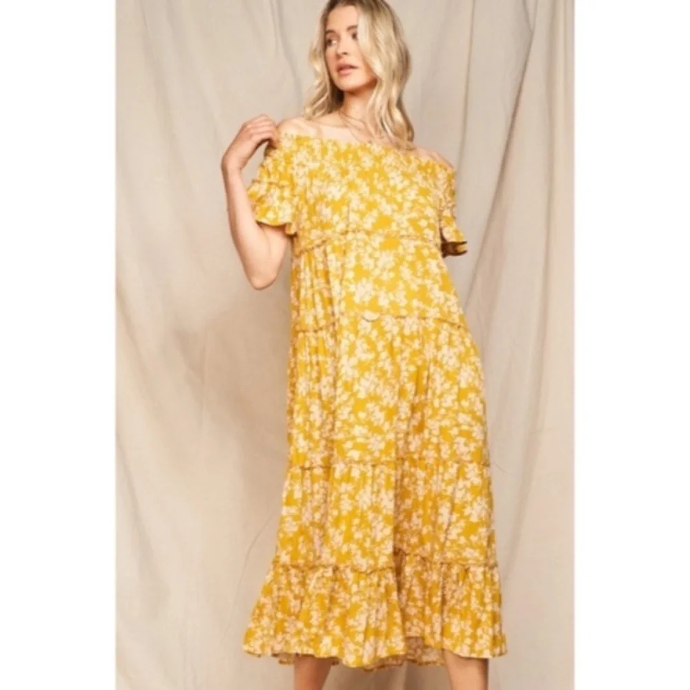 SOLD OUT Moss Yellow Floral Flowly Bohemian Tiered Off The Shoulder Casual Maxi - Picture 5 of 6